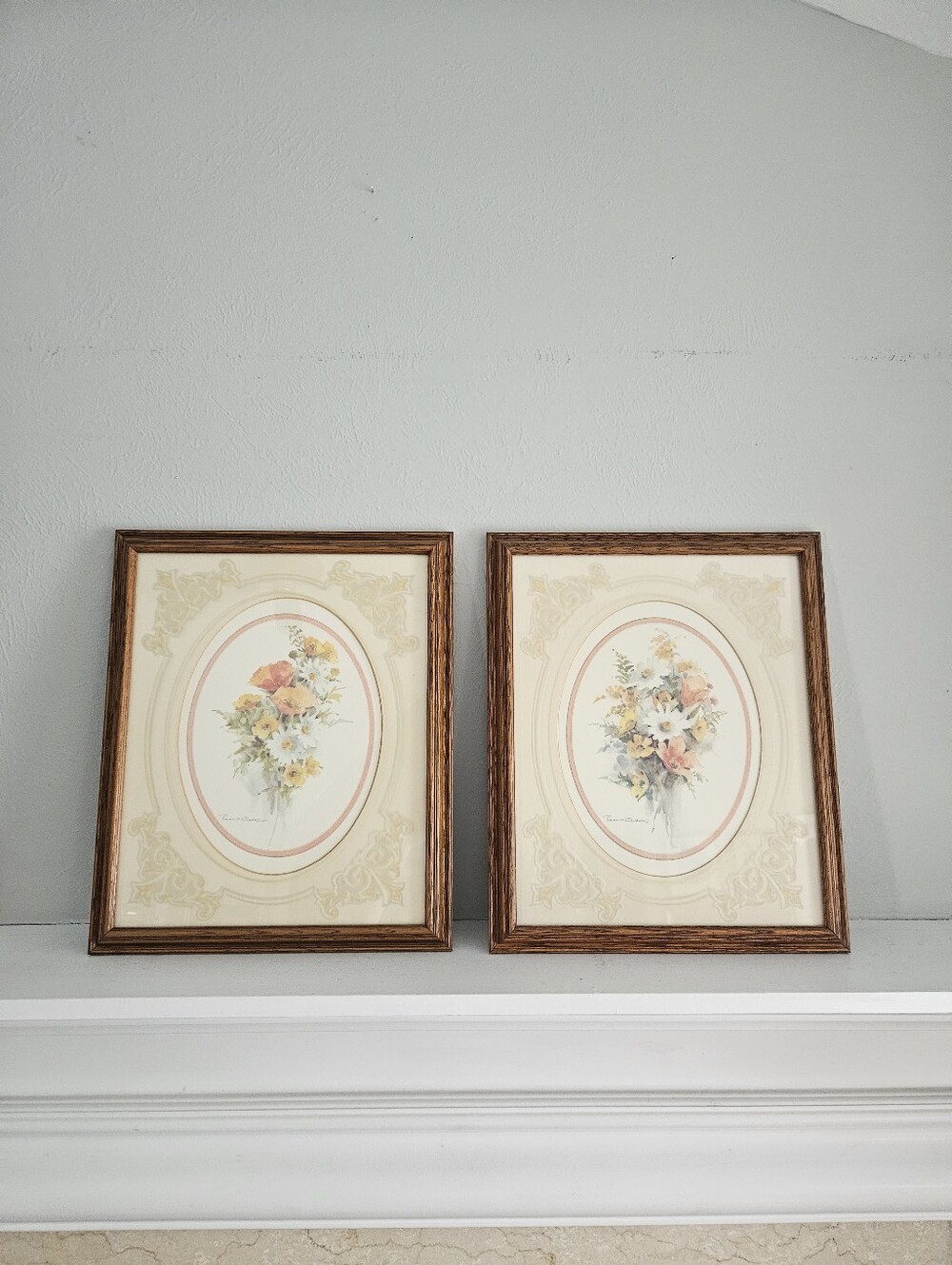 Vintage Rosalind Oesterle Framed Watercolor 'Spring Bouquet'' Artwork- Set Of 2